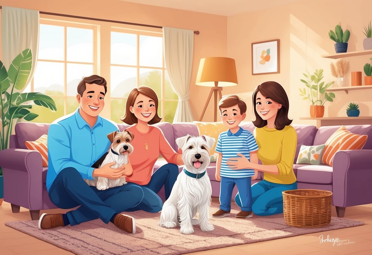 A family happily adopts a Biewer Terrier from a breeder in a cozy, sunlit living room