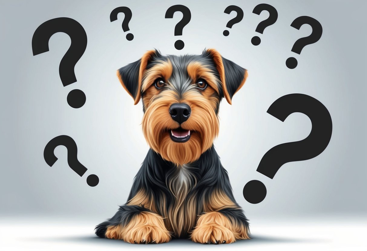 A Biewer Terrier dog surrounded by question marks and a curious expression