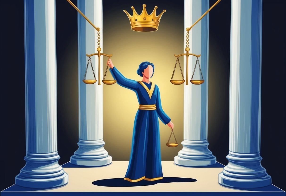 A figure stands between two pillars, holding scales. A crown floats above their head. A sense of balance and decision-making permeates the scene