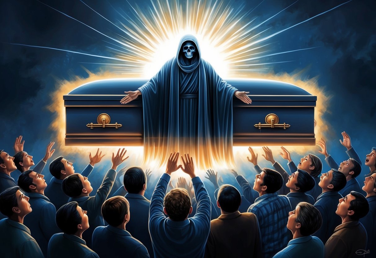 A figure emerges from a coffin, surrounded by a bright light, as people below look up in awe and fear