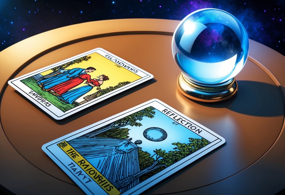 A table with two tarot cards, one depicting relationships and the other reflection. A crystal ball sits nearby, casting a mystical glow