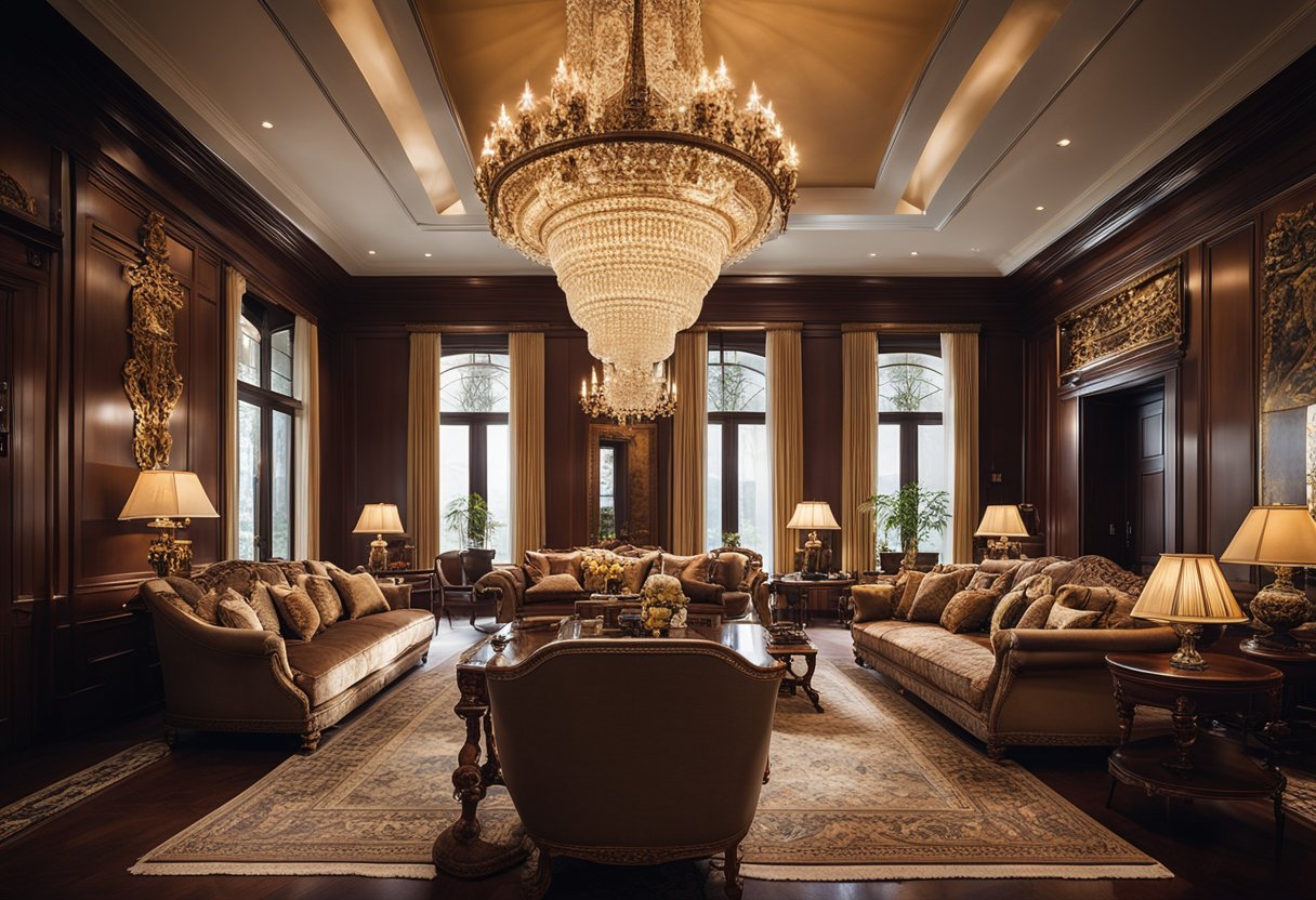 A grand chandelier illuminates a lavish living room with ornate furniture, antique rugs, and classic artwork adorning the walls. Rich mahogany finishes and opulent fabrics exude a sense of timeless luxury