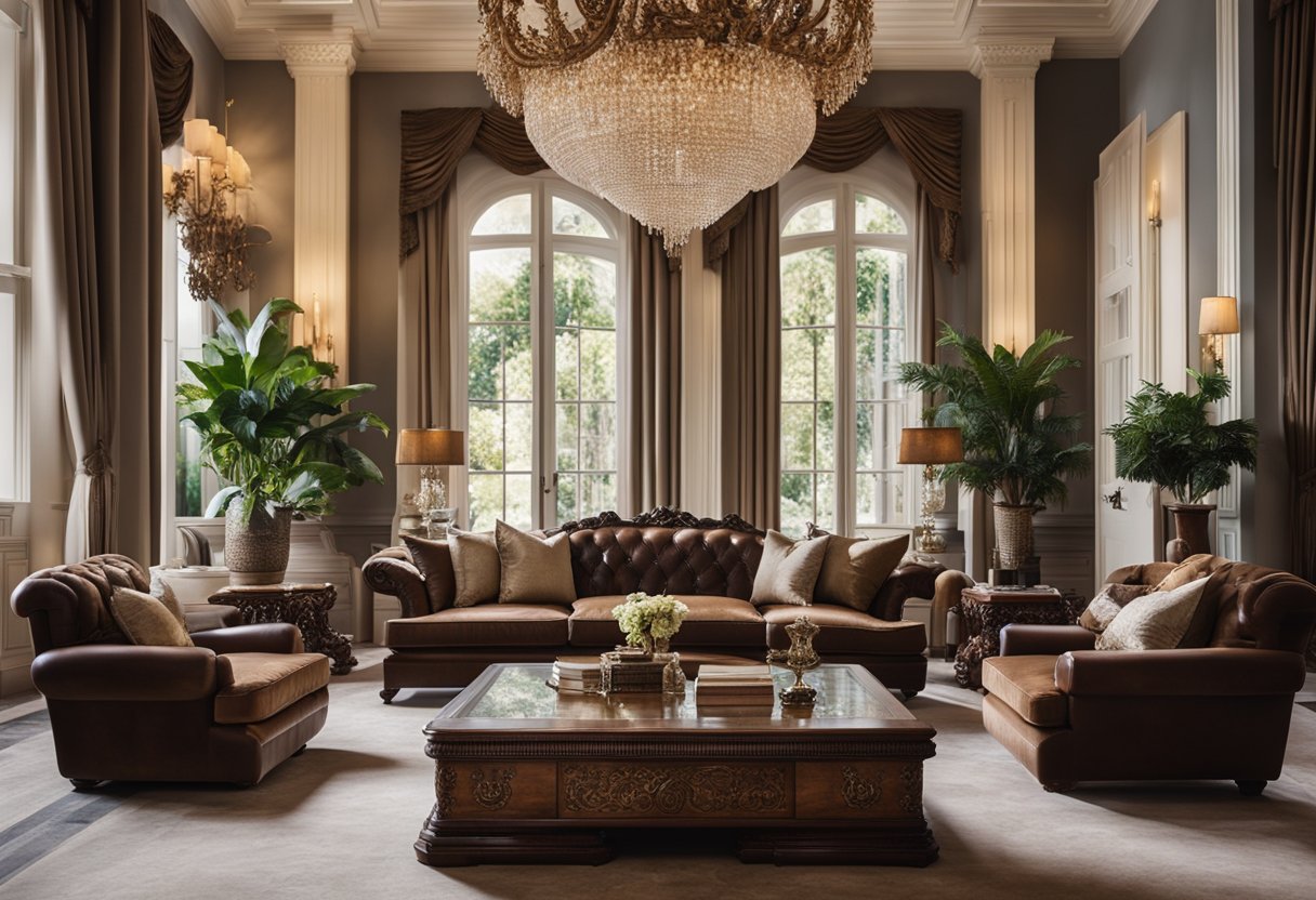 A grand, carved wood coffee table sits in an opulent living room with antique furniture and luxurious decor