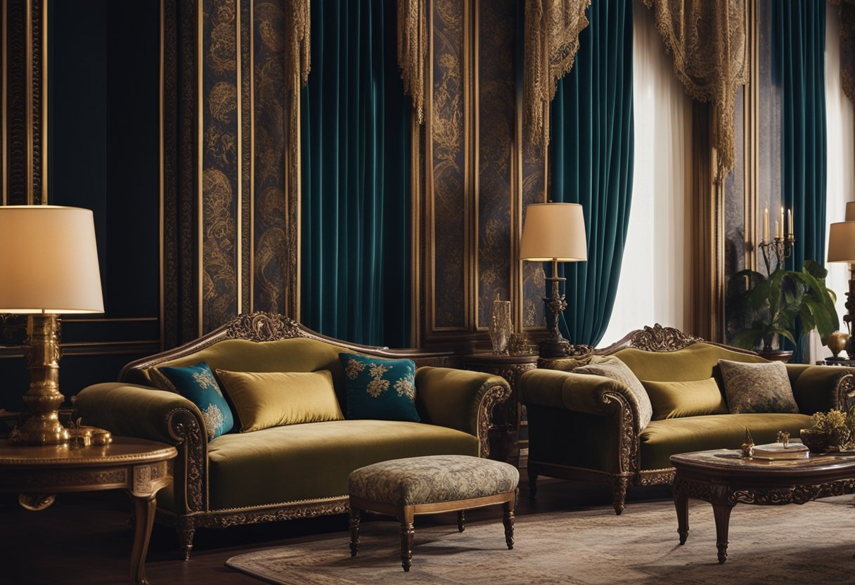 Richly-hued velvet curtains frame a grand living room with opulent Old Money decor. Rich wood furniture, ornate details, and luxurious textiles create a sense of timeless elegance