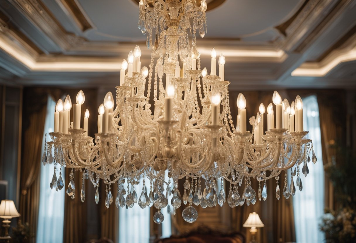 A grand crystal chandelier illuminates a lavish old money living room, with opulent furniture and ornate decor