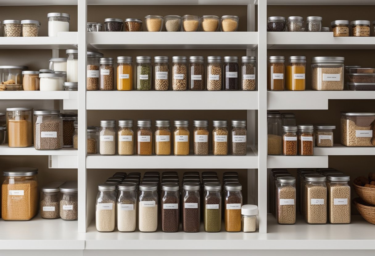 A neatly organized pantry with labeled containers, baskets, and shelves for different food items. Bins for snacks, jars for spices, and a clear system for easy access