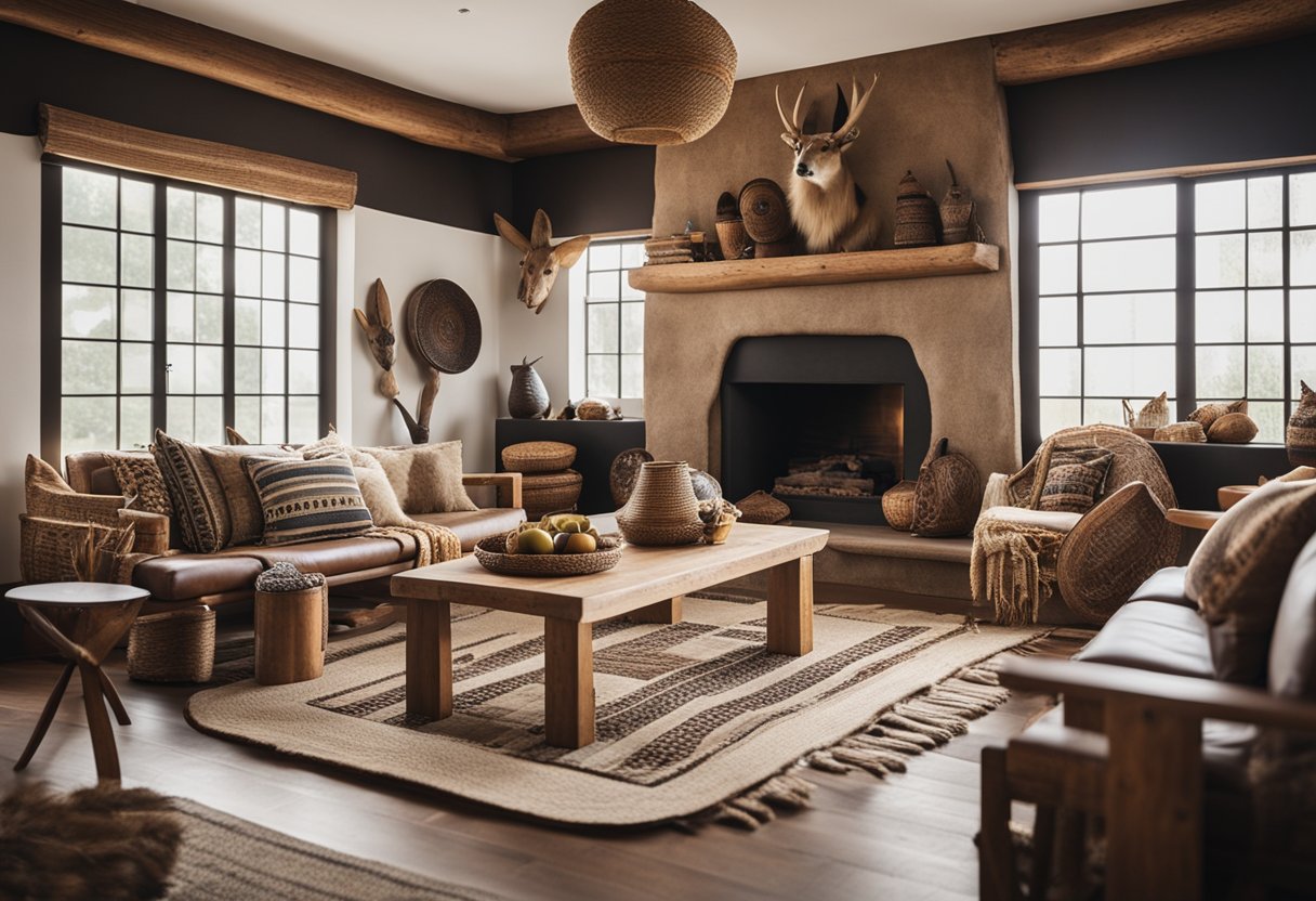 A rustic living room with animal hide rugs, wooden furniture, tribal masks, and woven baskets on the wall