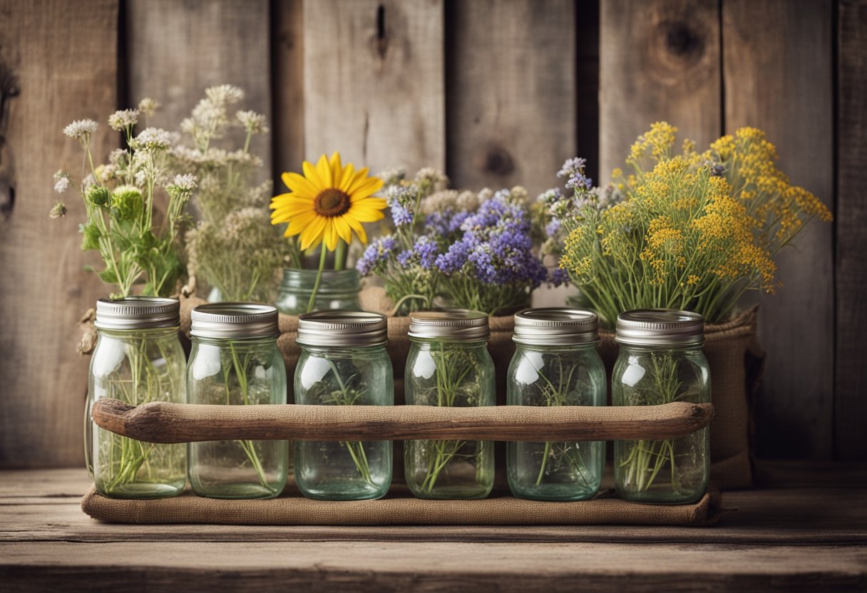 A rustic wooden shelf displays five antique mason jars filled with wildflowers, surrounded by vintage farm tools and weathered burlap