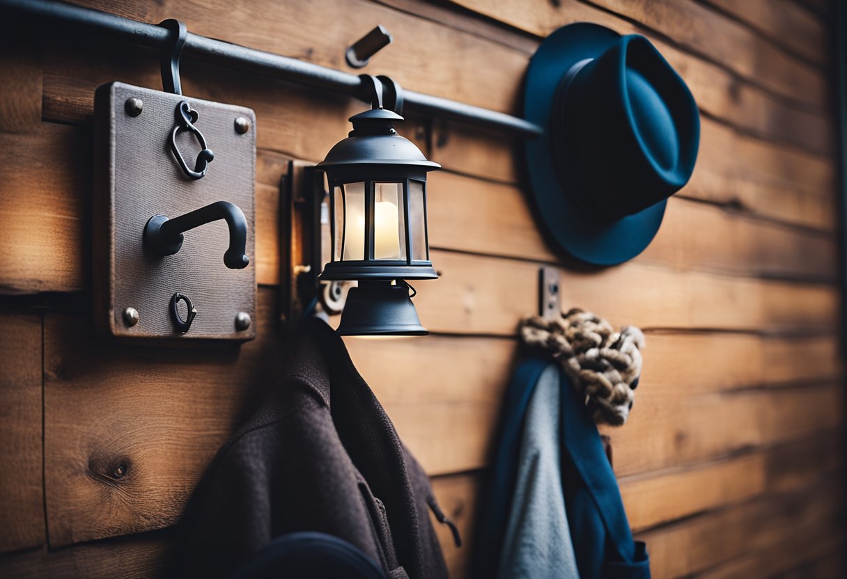 Wrought iron wall hooks holding a lantern, keys, a hat, and a coat, with a rustic sign above