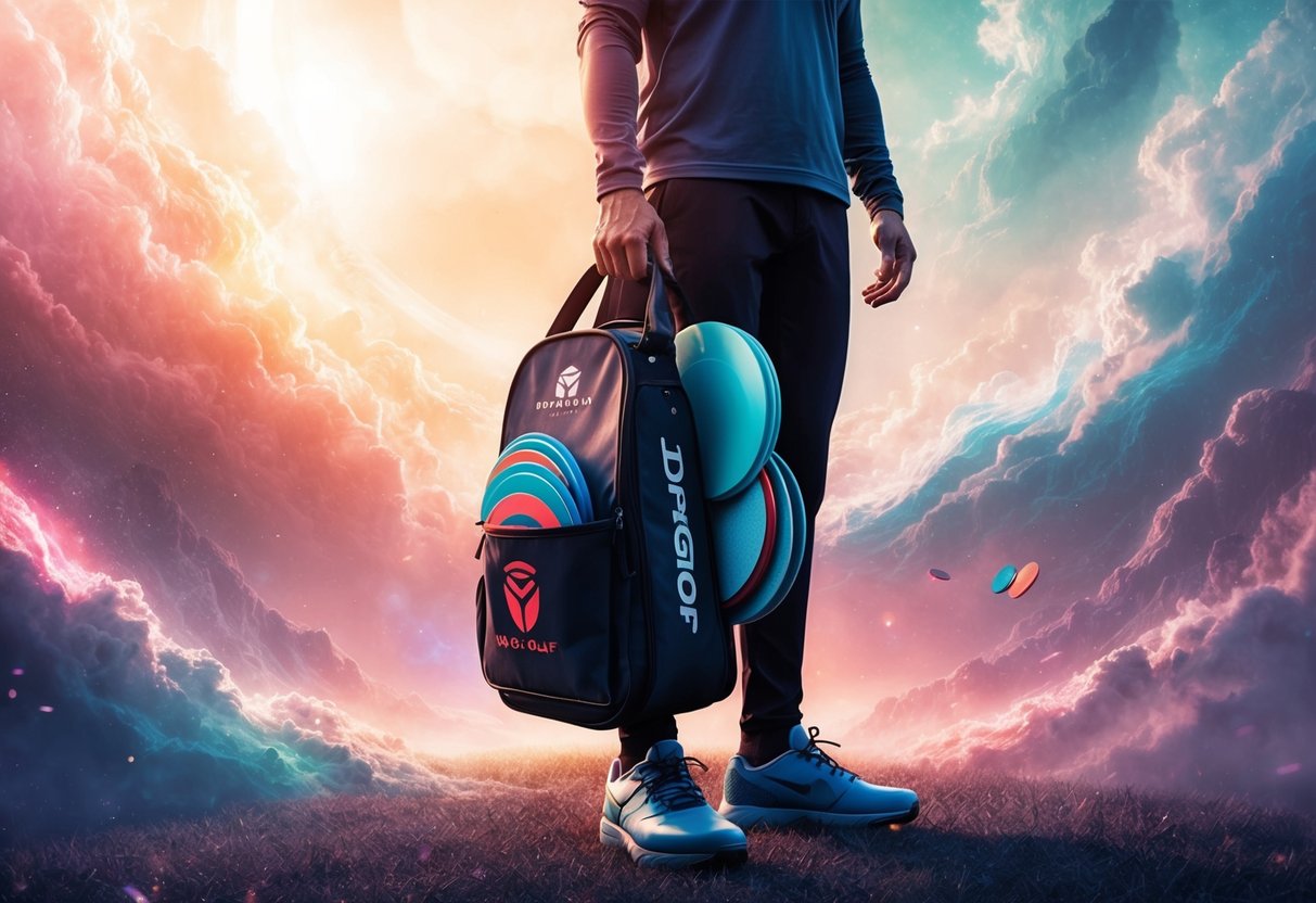 A person holding a disc golf bag with a variety of discs in different sizes and colors