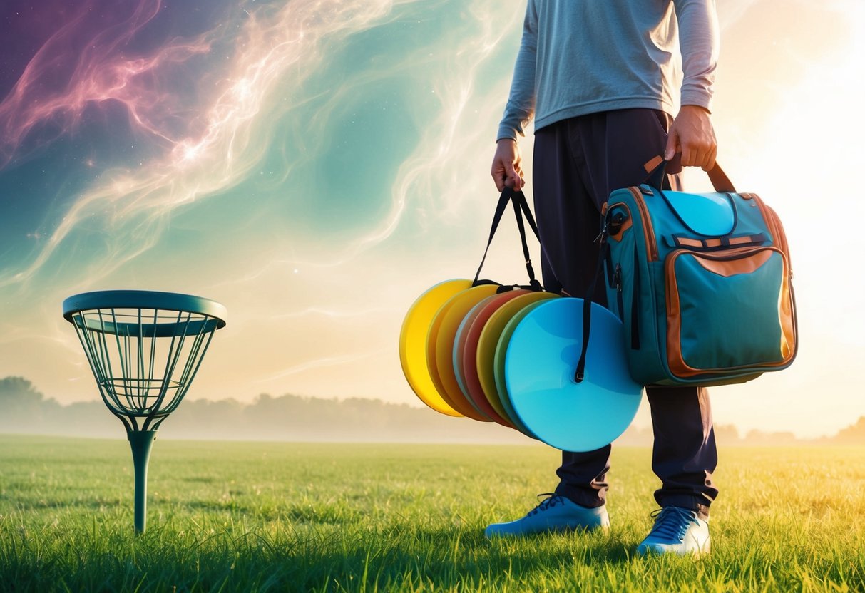 A person standing on a grassy field, holding a disc golf bag with multiple discs inside, with a disc golf basket in the background