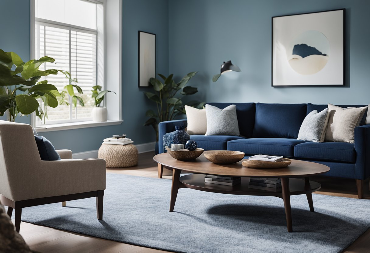 A living room with light blue walls, a navy blue couch, and cream-colored accent pillows. A dark wood coffee table sits in the center, with a soft gray area rug underneath