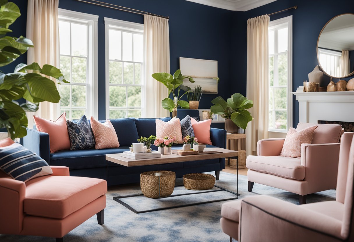 A living room with navy blue walls, coral pink accent pillows, and a cream-colored couch. A large window lets in natural light, illuminating the colorful space