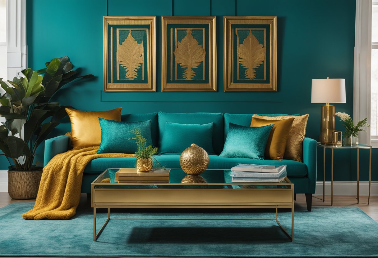 A living room with teal walls, gold accent pillows, a teal rug, gold-framed artwork, and a teal and gold throw blanket on the couch