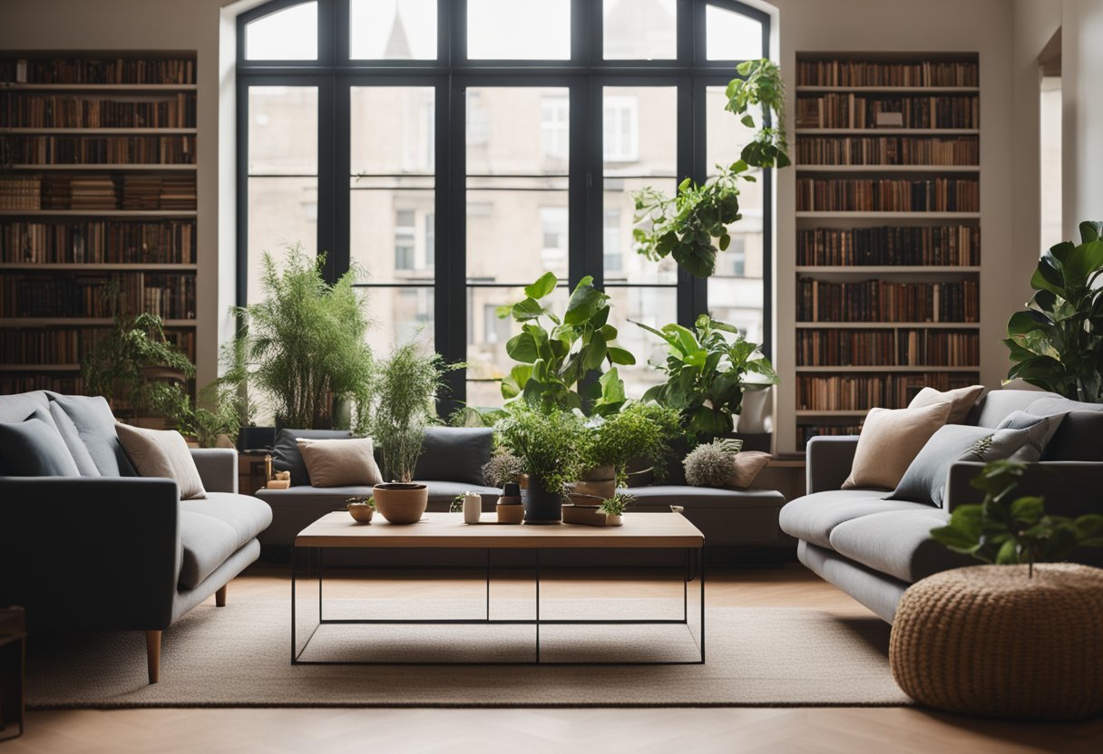 A cozy living room with a large window, a plush sofa, and a warm, glowing fireplace. A bookshelf filled with books and plants adds a touch of greenery to the space