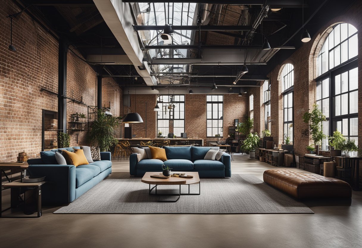 An open-concept loft with exposed brick, high ceilings, large windows, and modern industrial furnishings