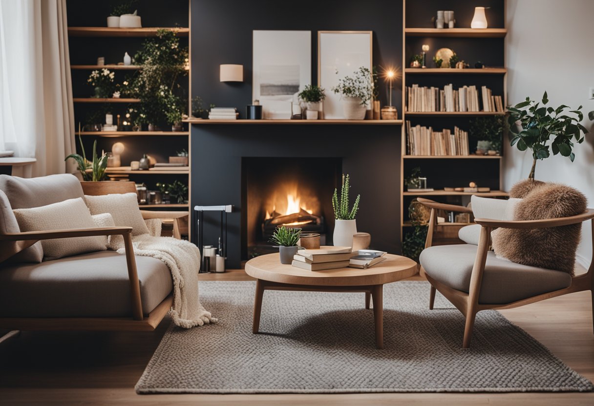 A cozy Scandinavian nook with a fireplace, plush armchairs, a soft rug, and shelves filled with books and plants