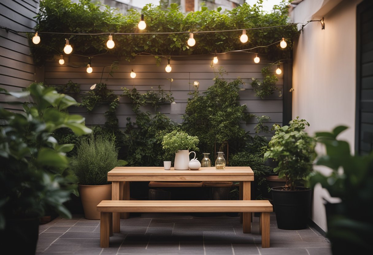 A cozy side yard with a wooden bench, potted plants, hanging string lights, and a small table set for two