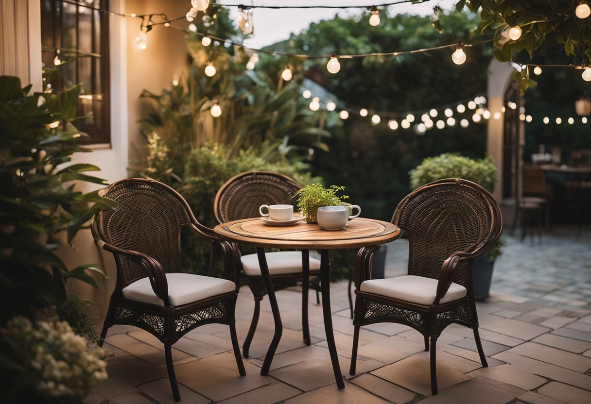 A cozy bistro set nestled in a lush side yard, surrounded by potted plants and twinkling string lights. A small table with two chairs invites relaxation and outdoor dining