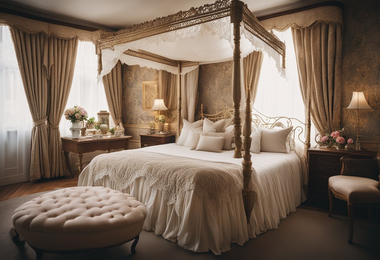 A cozy Victorian bedroom with ornate furniture, floral wallpaper, lace curtains, and a four-poster bed draped in luxurious fabrics