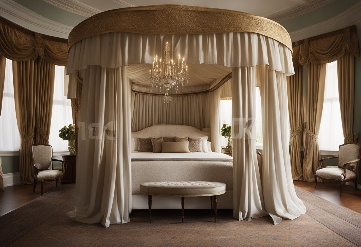 A grand four-poster canopy bed sits in a Victorian bedroom, adorned with luxurious drapes and elegant furnishings