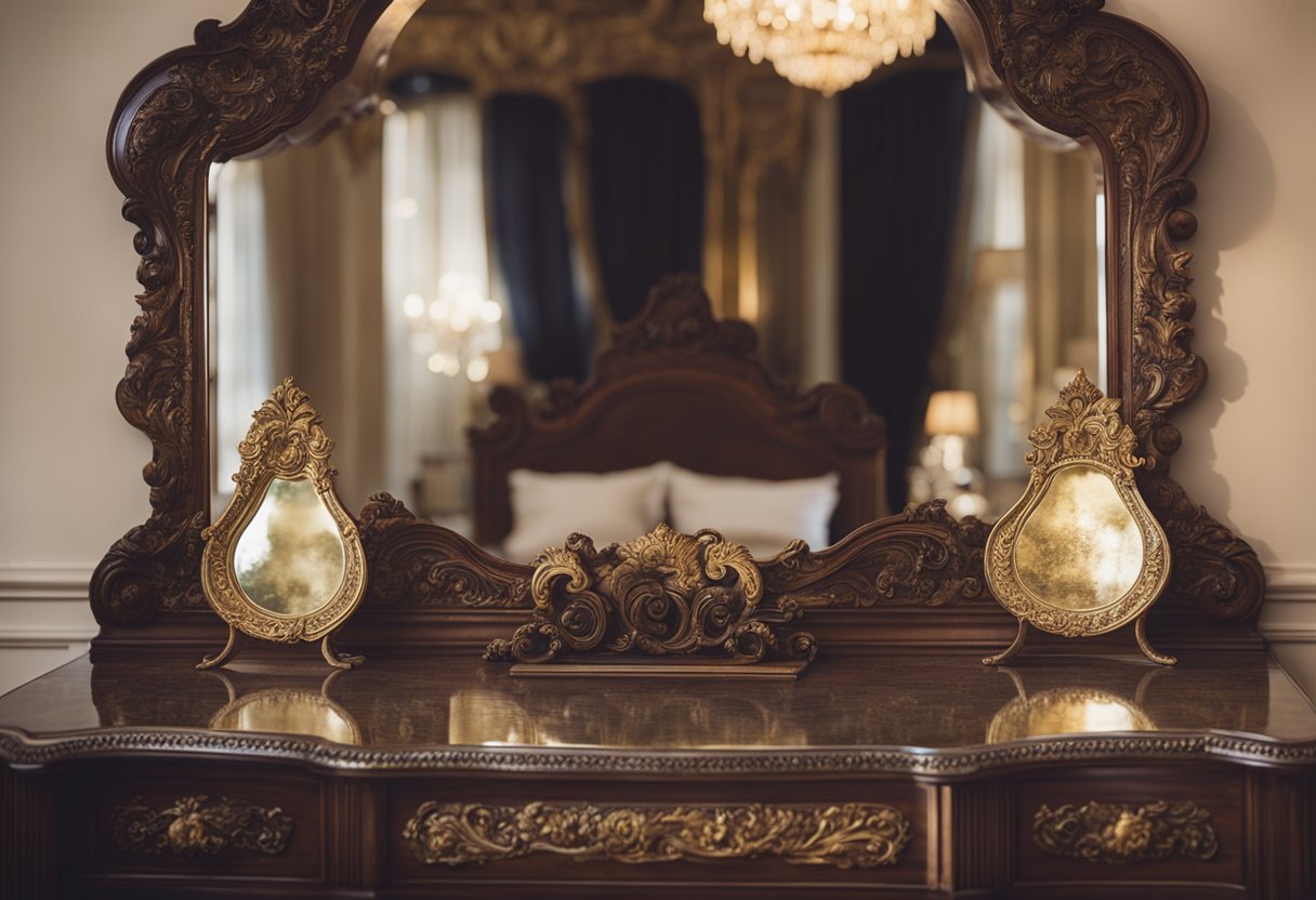 An ornate antique mirror hangs above a Victorian bedroom vanity, reflecting the opulent decor of the room