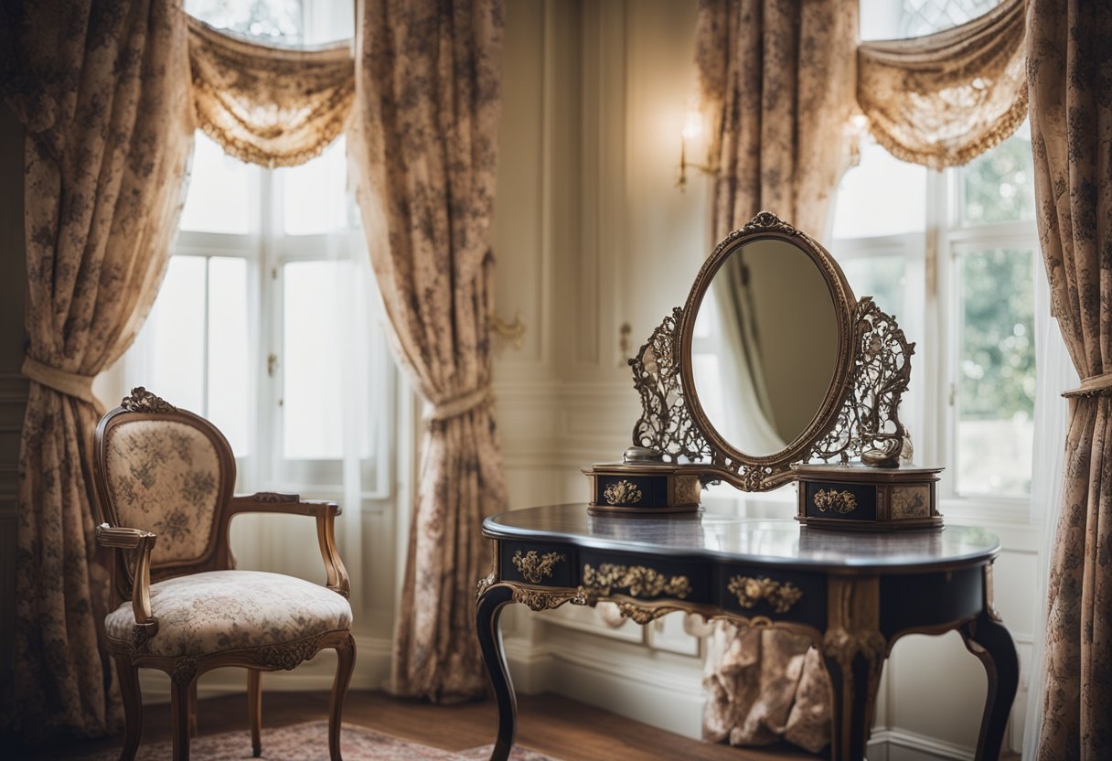 A Victorian bedroom with chintz floral drapery, ornate furniture, lace accents, and a vintage vanity