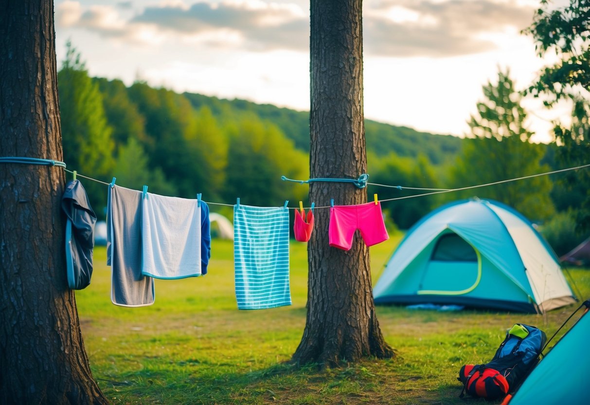 A campsite with a clothesline strung between two trees, holding wet items like towels and swimwear, with a tent and camping gear nearby