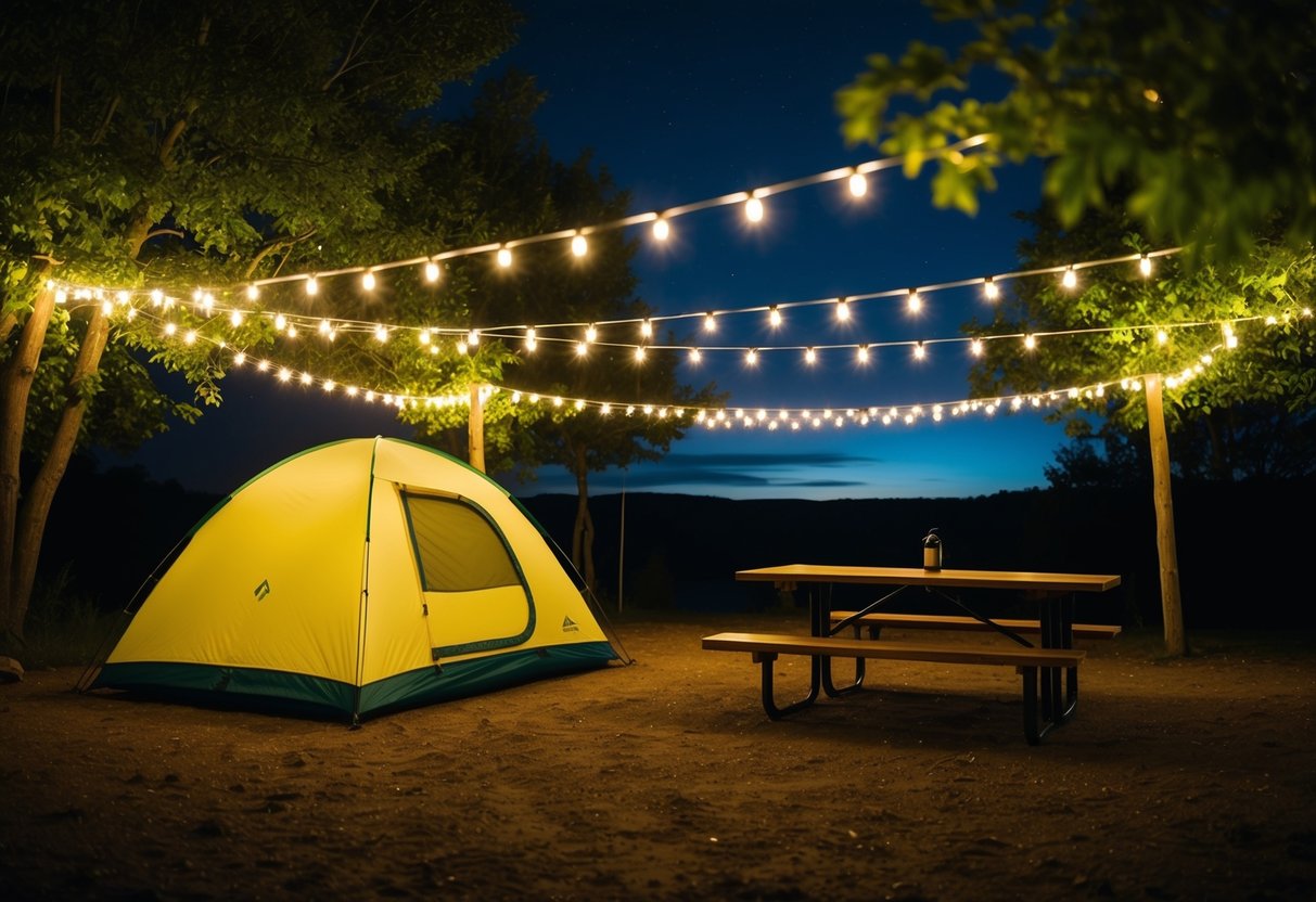 A campsite at night with USB-rechargeable string lights illuminating a tent, picnic table, and surrounding trees