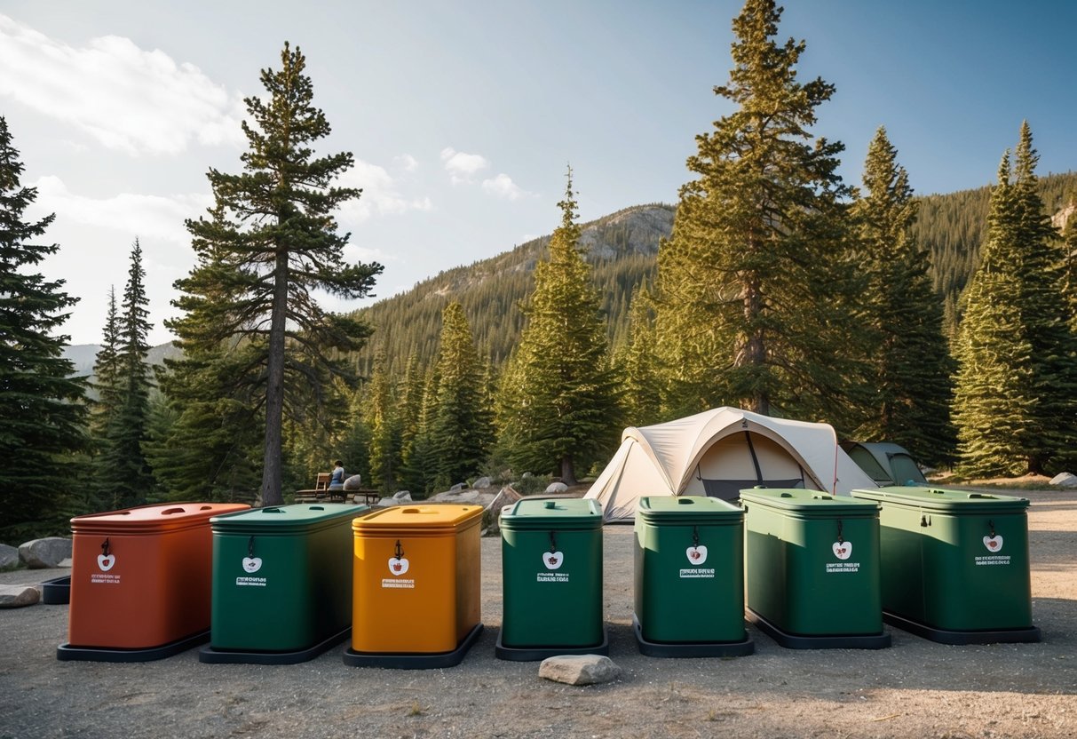 A campsite with bear-proof containers neatly arranged, surrounded by trees and a clear sky
