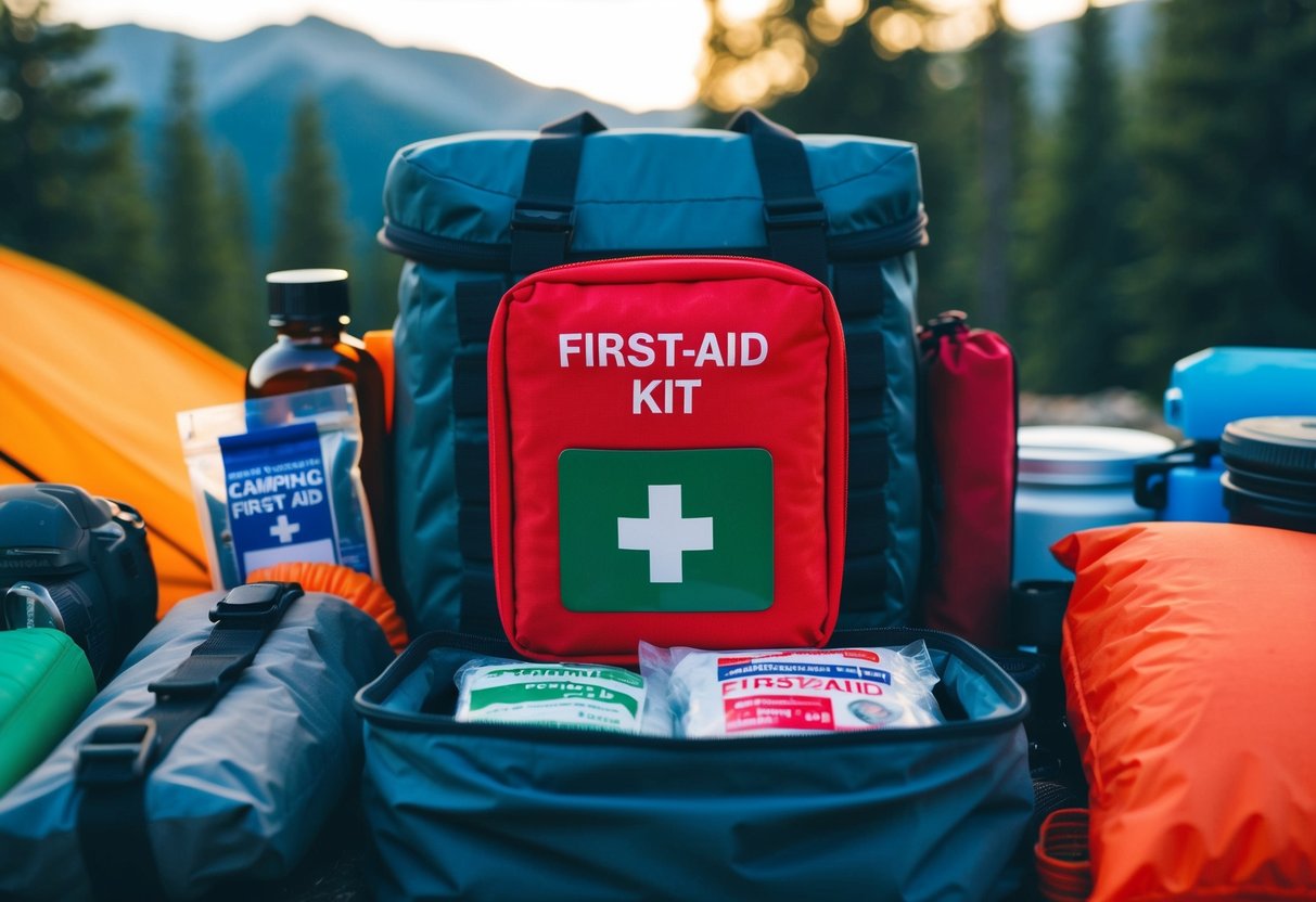 A compact first-aid kit packed neatly among camping gear and supplies