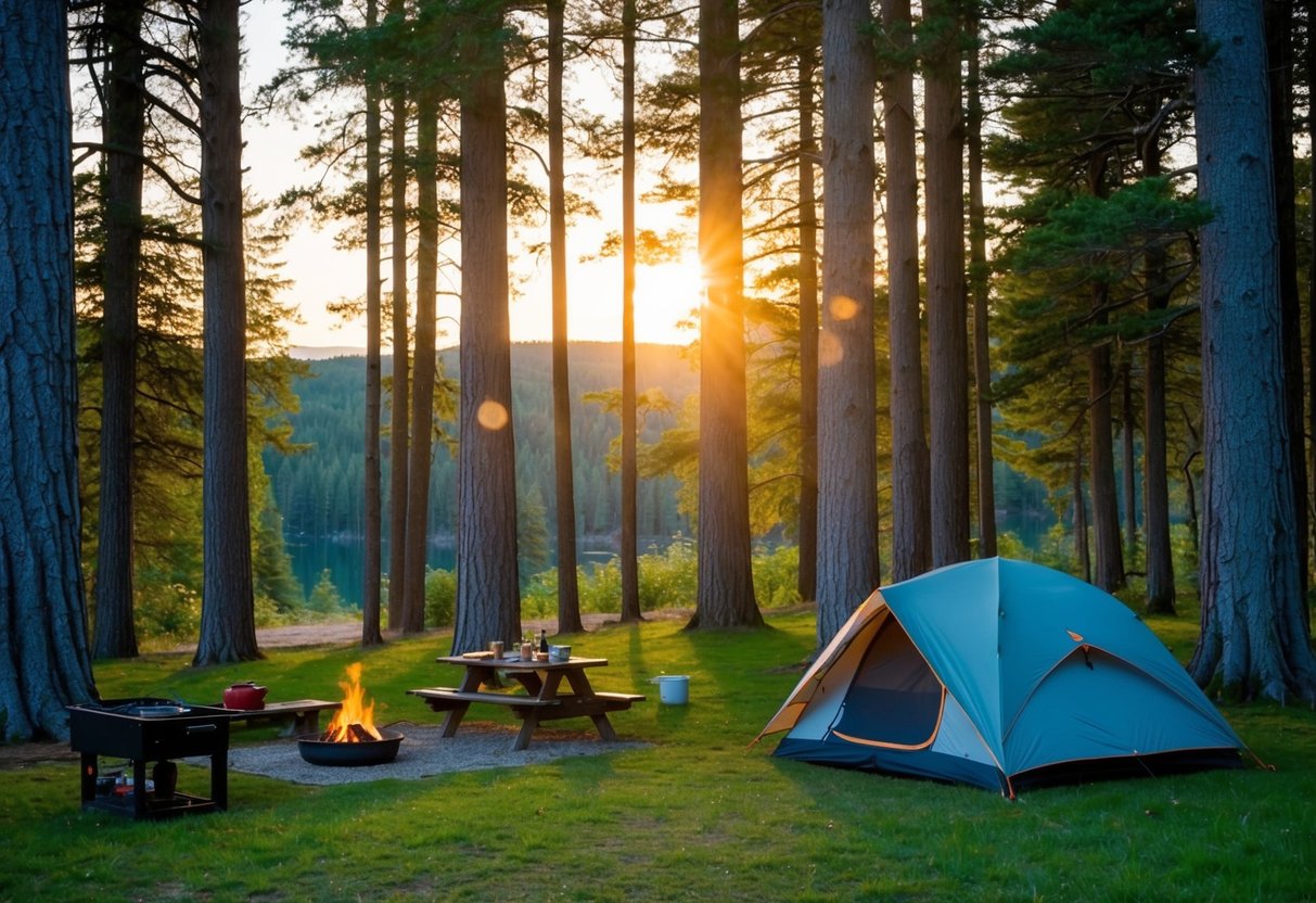 A serene campsite nestled among tall trees, with a neatly organized tent, campfire, and cooking area. The sun is setting, casting a warm glow over the peaceful scene