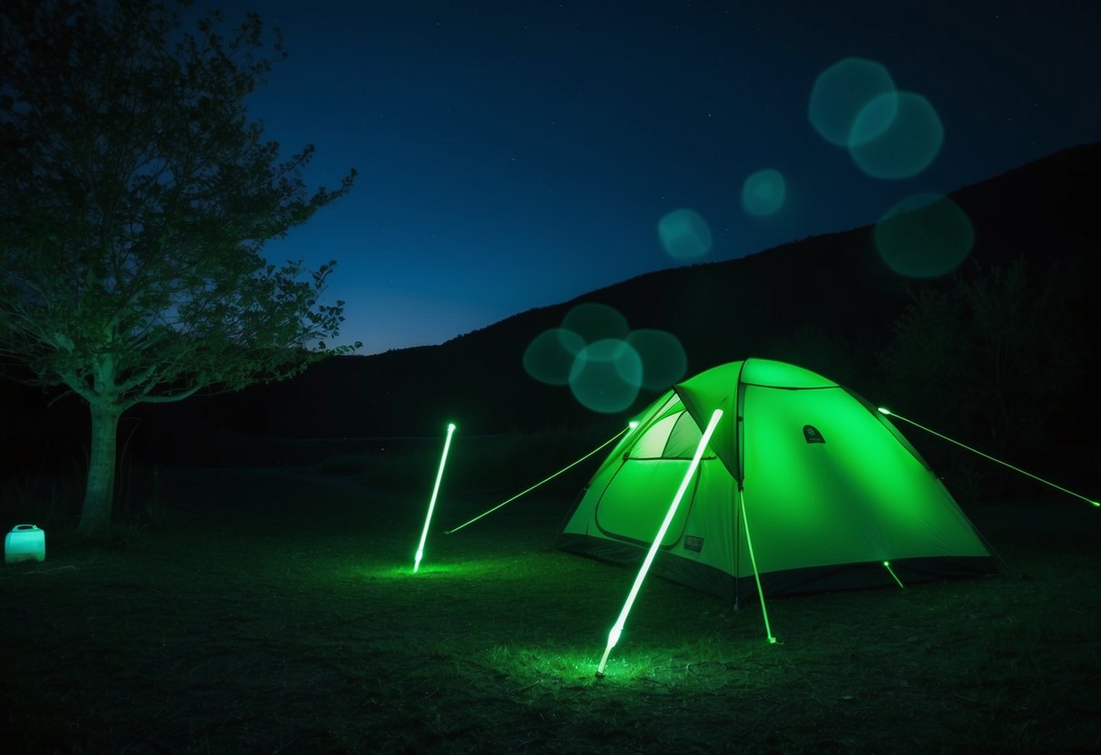A dark campsite with glow-in-the-dark stakes illuminating a tent and surrounding area, casting an eerie and enchanting glow on the scene