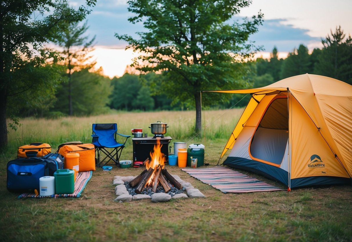 A neatly arranged campsite with a tent, campfire, cooking supplies, and outdoor gear organized in designated areas