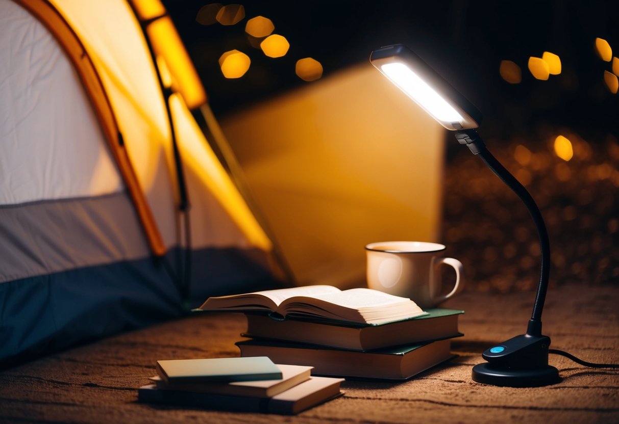 A clip-on book light illuminates a cozy campsite with warm, soft light, casting shadows on a stack of books and a mug of hot cocoa
