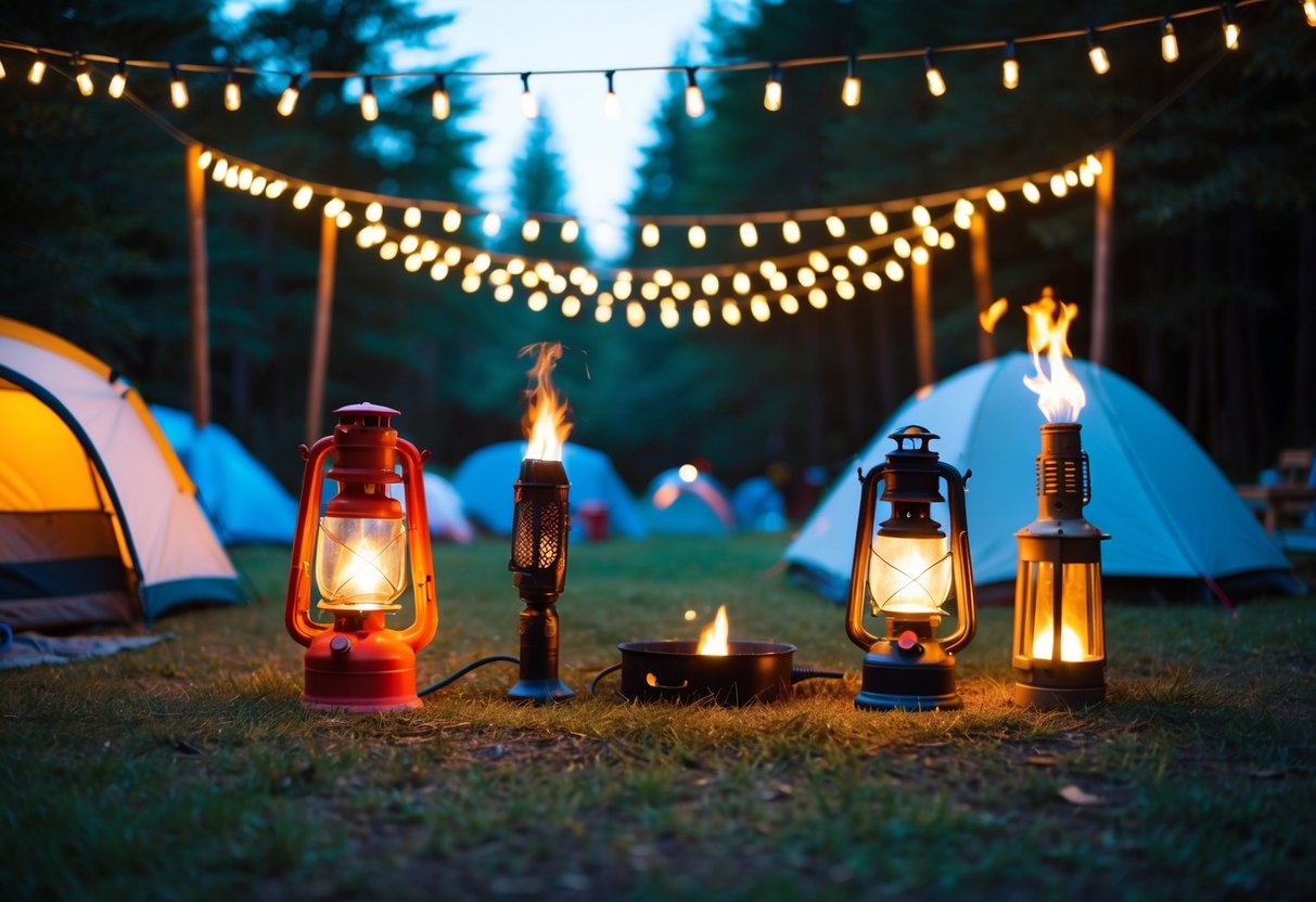 A campsite with a variety of lighting equipment, including string lights, lanterns, and torches, casting warm, atmospheric light on the surrounding area