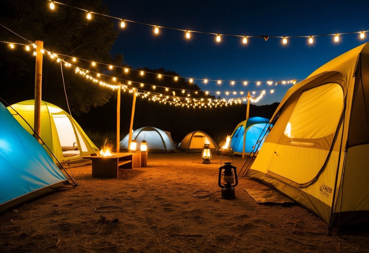 A campsite with various creative lighting setups, including string lights, lanterns, and torches, illuminating the area at night