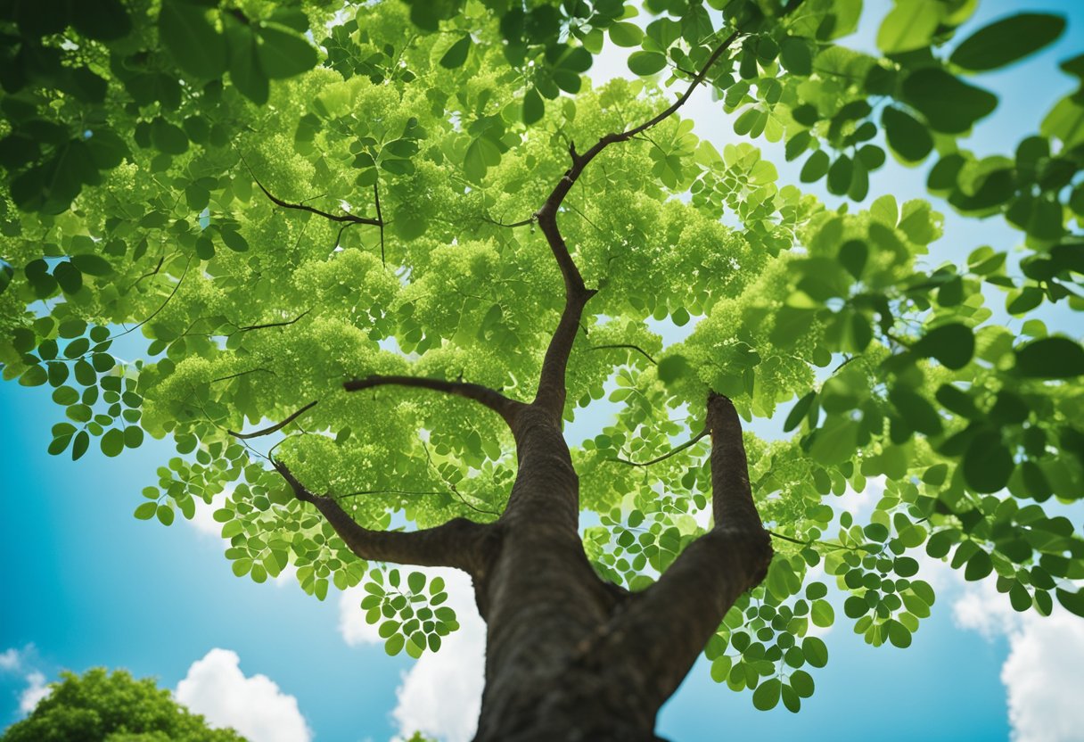 A lush, vibrant moringa tree stands tall against a bright blue sky, surrounded by an array of colorful flowers and vibrant green leaves