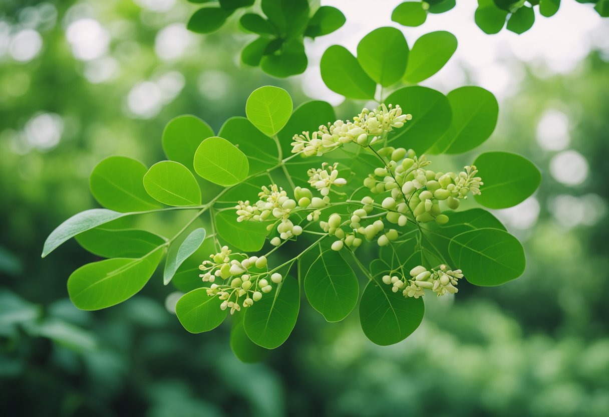 A vibrant green moringa tree with leaves, pods, and flowers