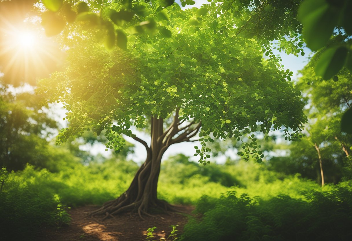 A lush moringa tree surrounded by vibrant green leaves and colorful flowers, with a beam of sunlight shining down on it