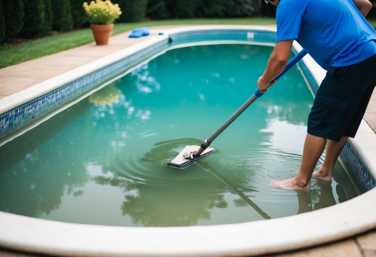 A swimming pool being cleaned, with murky water resembling a pond