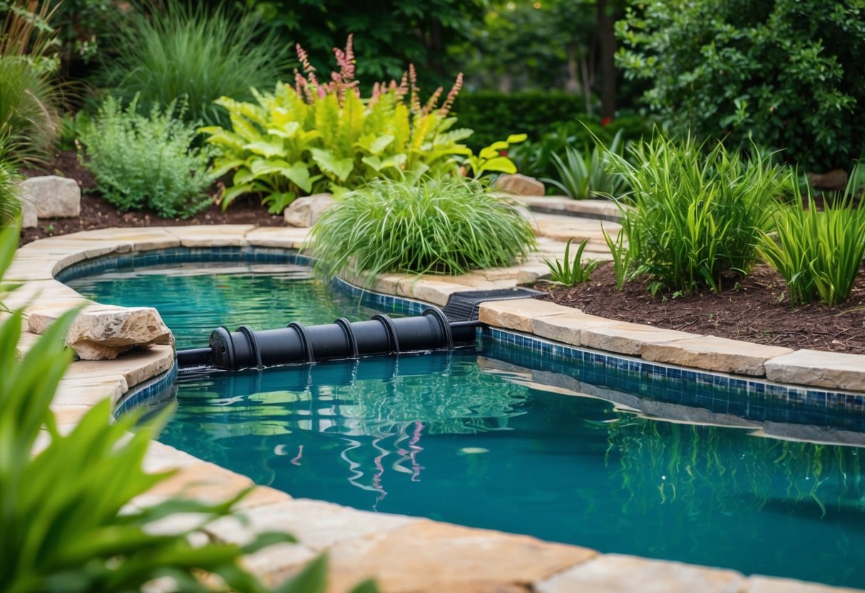 A natural swimming pond with lush vegetation, a stone-lined pool, and a water cleaning system integrated seamlessly into the pond-like landscape