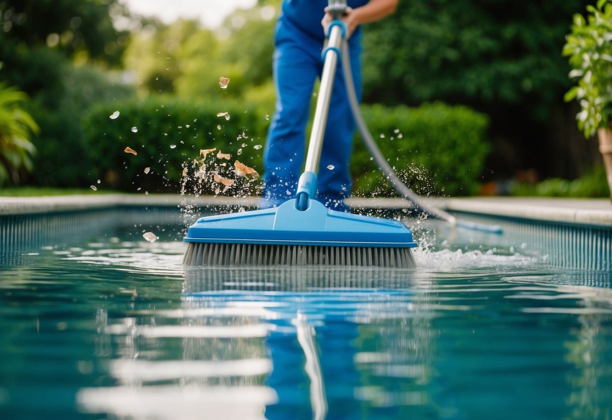 A pool cleaner skimming debris from murky water, surrounded by lush greenery