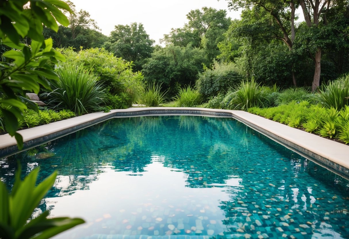 A natural-looking swimming pool, surrounded by lush greenery, with water resembling a tranquil pond