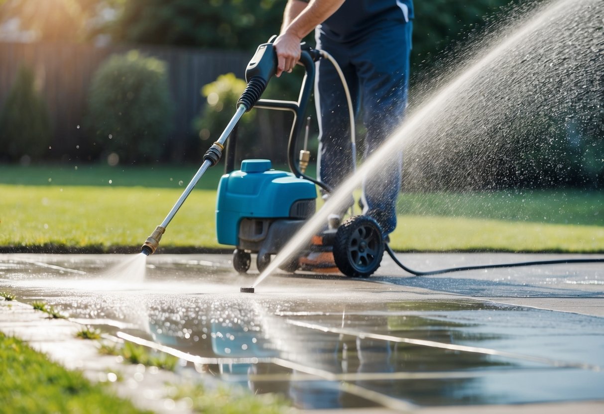 A pressure washer cleaning a driveway and patio, water spraying and dirt being washed away