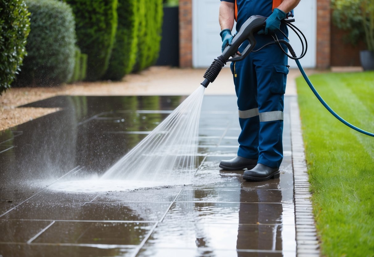 A jet washing machine sprays water onto a dirty driveway and patio, cleaning away dirt and grime, leaving behind a clean and polished surface