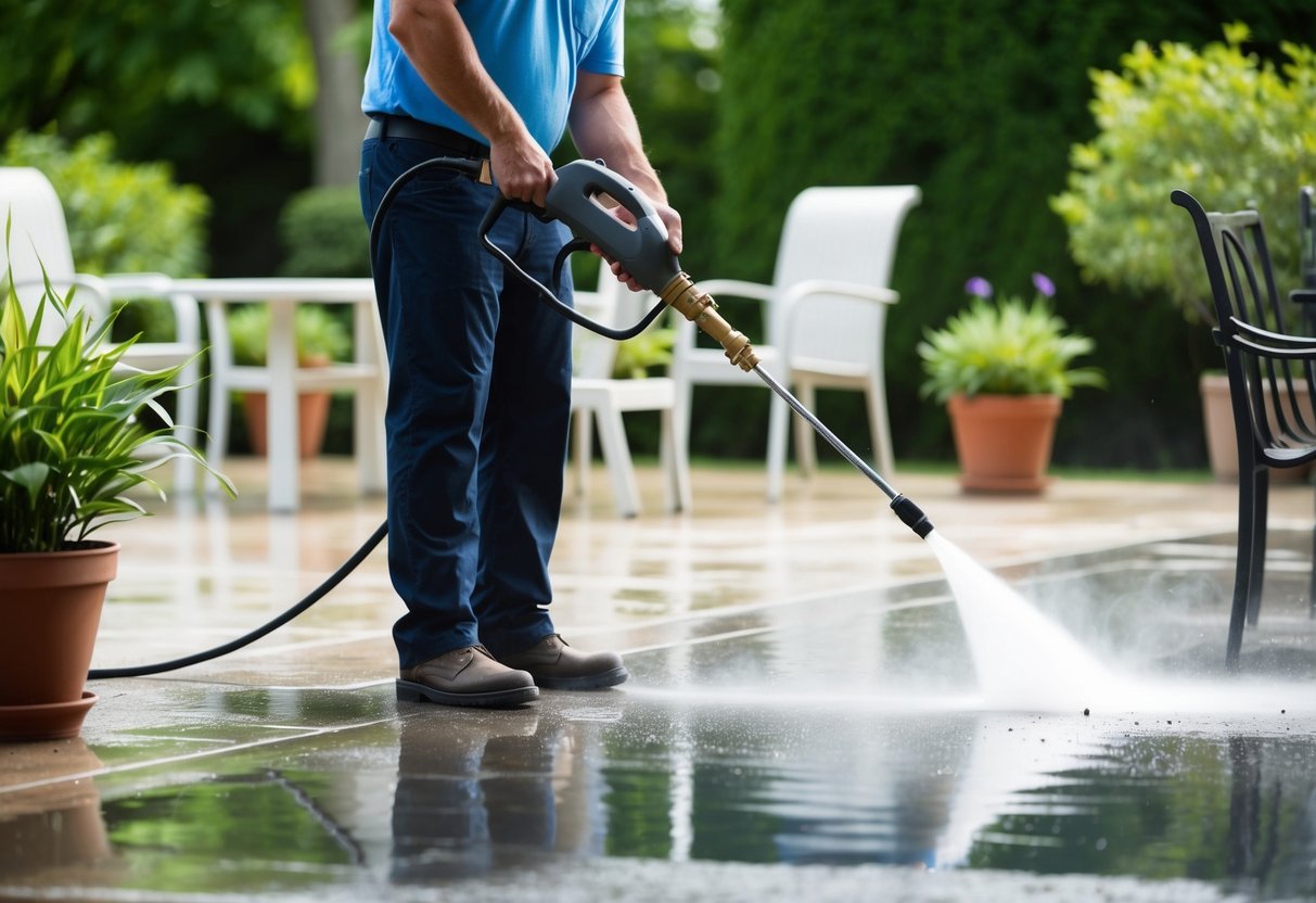 A pressure washer blasting dirt and grime off a driveway, surrounded by clean patio furniture and potted plants