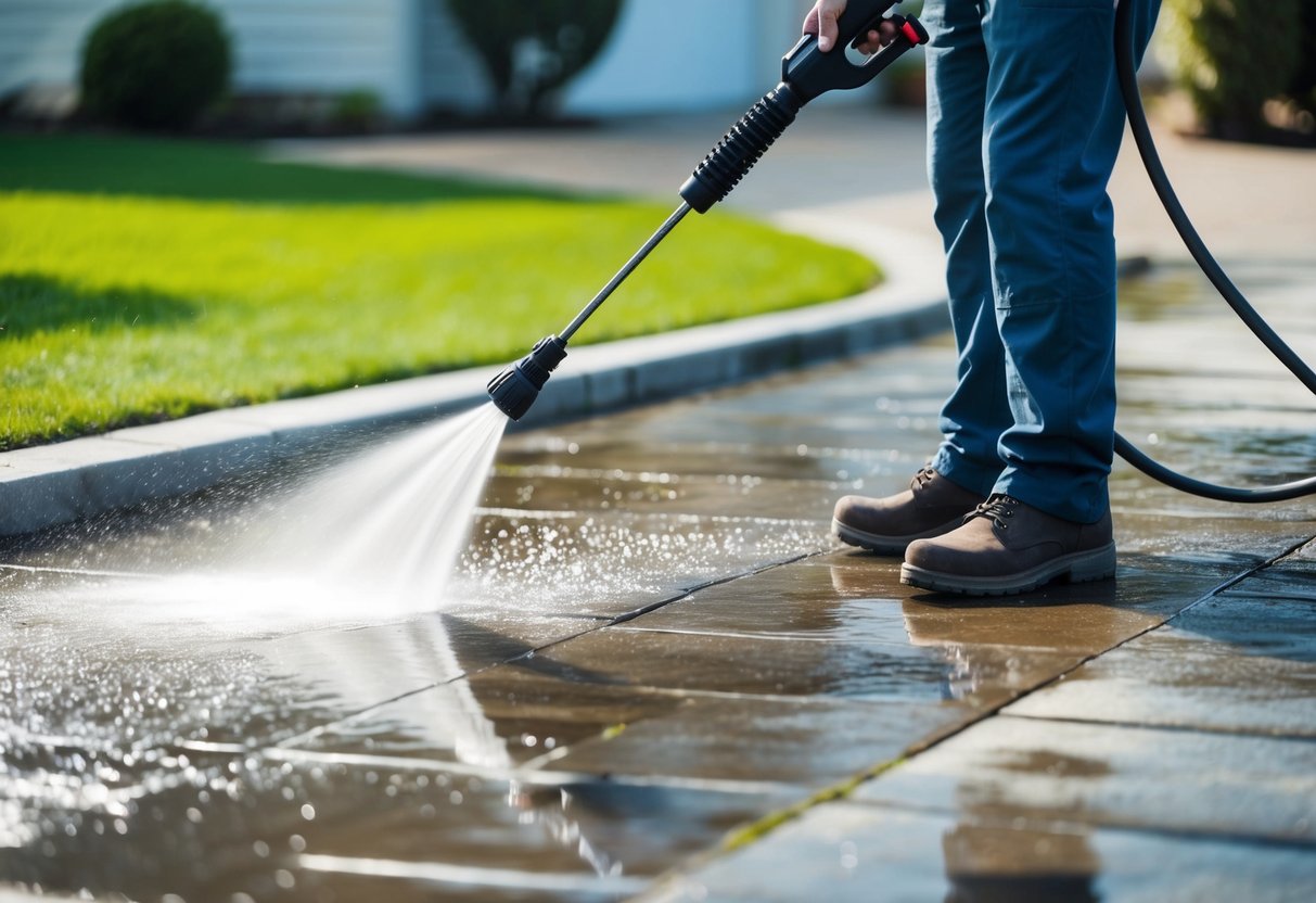 A pressure washer sprays water onto a weathered patio and driveway, removing dirt and grime, revealing clean and refreshed surfaces