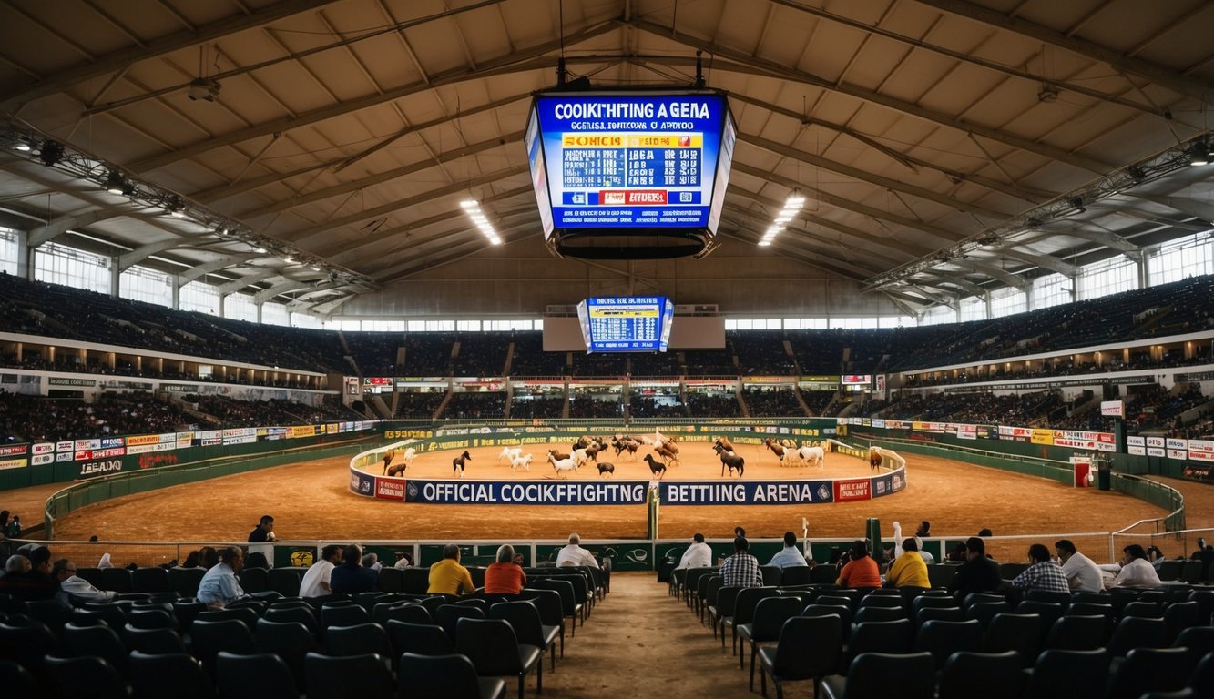 Sebuah arena sabung ayam resmi yang ramai dengan berbagai macam pasar taruhan internasional