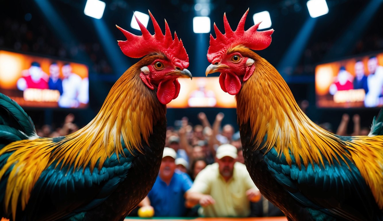 Dua ayam jantan berhadapan di arena sabung ayam online yang ramai, dikelilingi oleh penonton yang bersorak dan layar yang terang benderang.